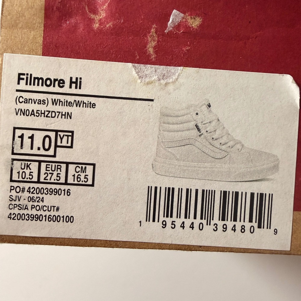 Vans Filmore Hi Kids Sneakers White Canvas High Top VN0A5HZD7HN Size 11.0 YT - Picture 9 of 9